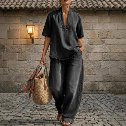 Retro V-neck Denim Set Womens Loose Half-sleeve Top And Wide-leg Pants Two-piece Set