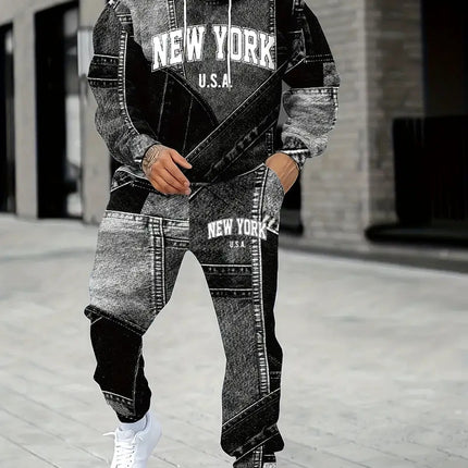 Mens Lettered Denim Hoodie With Fashionable 3D Print