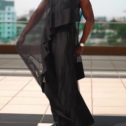 Black Mesh Irregular Hem Wide-leg Pants Suit