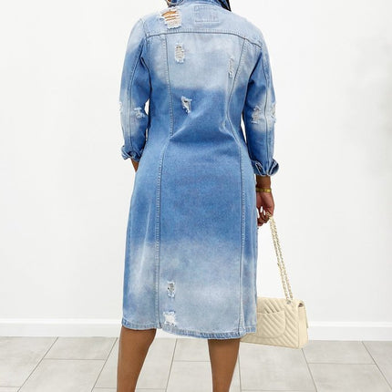 Women's Denim Long Trench Coat Ripped Jacket