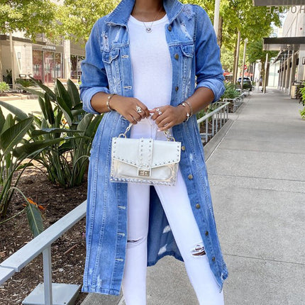 Women's Denim Long Trench Coat Ripped Jacket