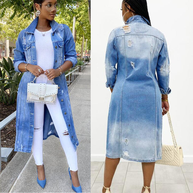 Women's Denim Long Trench Coat Ripped Jacket