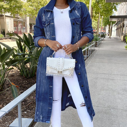 Women's Denim Long Trench Coat Ripped Jacket