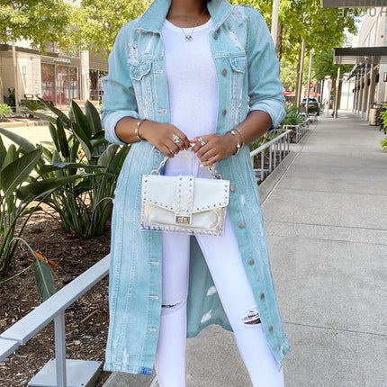 Women's Denim Long Trench Coat Ripped Jacket