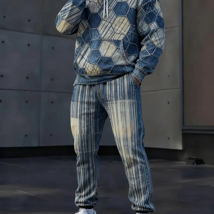 Mens Lettered Denim Hoodie With Fashionable 3D Print