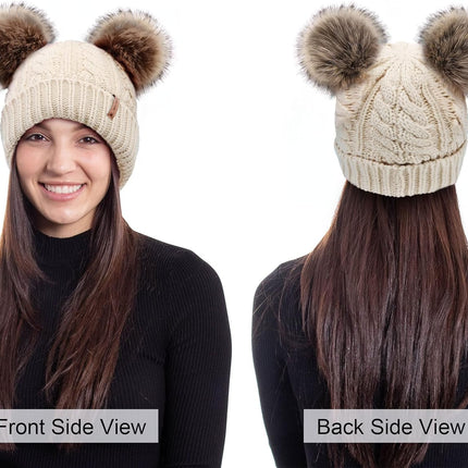 Pom Pom Beanie Cable Knit Fleece Lined Winter Beanie Women Hat