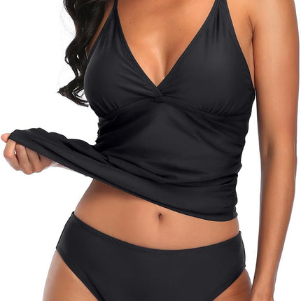Tummy Control Two Piece Tankini Set Swimsuits for Women V Neck Tankini Top Bathing Suits with Swim Bottom