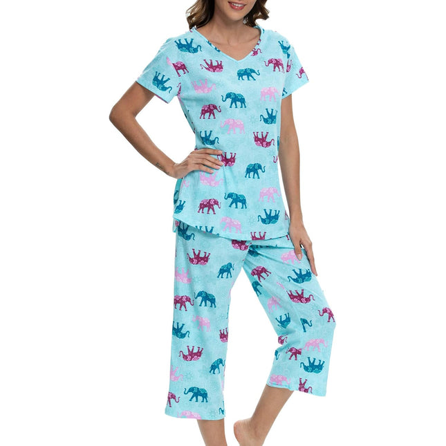 Womens Pajama Sets Cotton Pj Set Short Sleeve Top with Capri Pants Sleepwear 2 Piece Lounge Set
