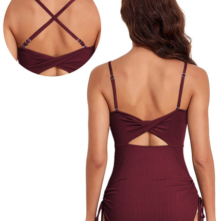 Womens Swimsuits One Piece Tummy Control Swim Suit Drawstring Bathing Suit Ribbed Tie Side Swimming Suits Ruched Square Neck Womens Swimwear Brown 2XL