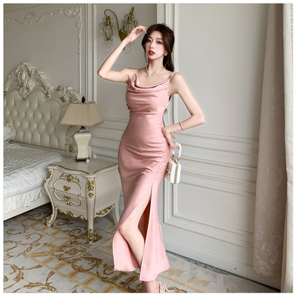 Gentle Graceful Satin Suspenders Dress Women
