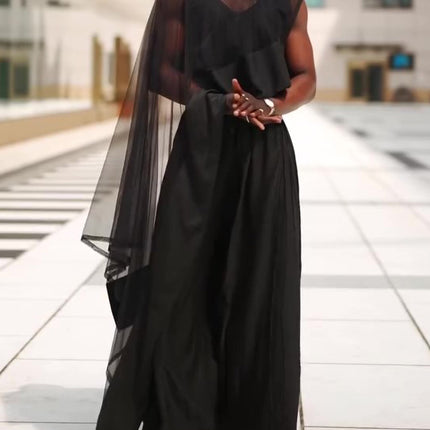 Black Mesh Irregular Hem Wide-leg Pants Suit