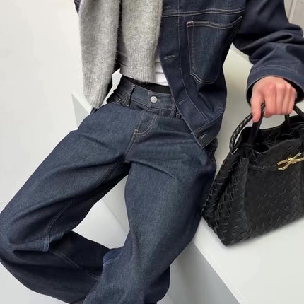 Dark Denim Oversized Jacket And Wide-Leg Pants Set