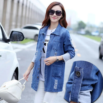 Women's Loose Ripped Mid-length Denim Jacket