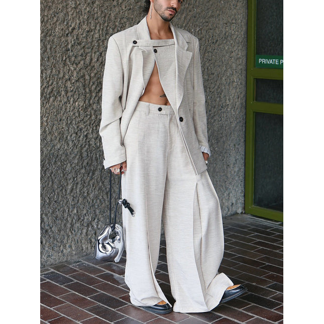 Beige Textured Three-piece Set With Oversized Blazer