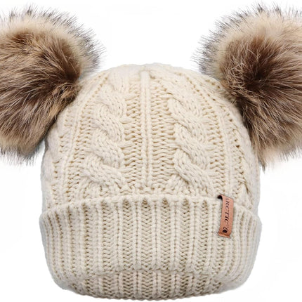 Pom Pom Beanie Cable Knit Fleece Lined Winter Beanie Women Hat