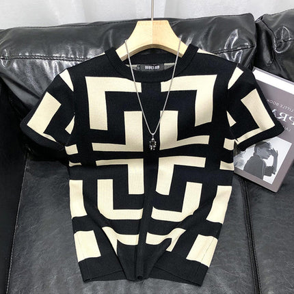 Geometric Pattern Bottoming Shirt Men's Short-sleeved Knitted Top