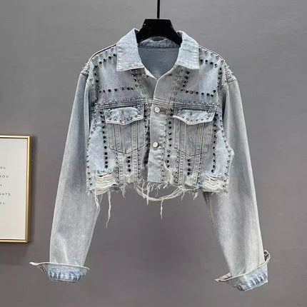 Denim Coat Women's Worn Beaded Jacket Top