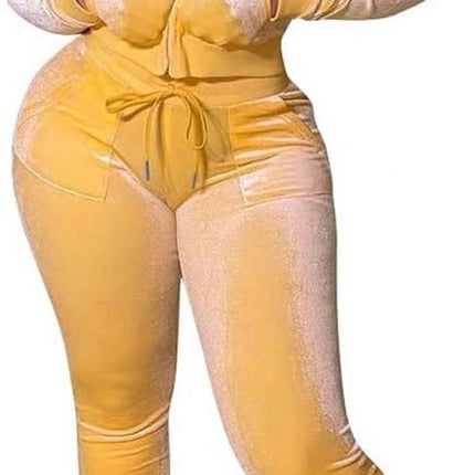 Winter Outfits for Women 2 Piece Sweatsuits Zip-Up Hoodie Jogger Tracksuit Set Sweatshirt & Sweatpants Two Piece Outfits for Women Workout Sets 2 Piece Jogging Suits Velvet Track Suits Yellow, L