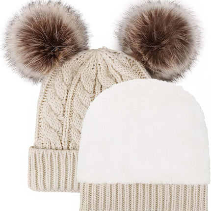 Pom Pom Beanie Cable Knit Fleece Lined Winter Beanie Women Hat