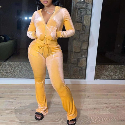 Winter Outfits for Women 2 Piece Sweatsuits Zip-Up Hoodie Jogger Tracksuit Set Sweatshirt & Sweatpants Two Piece Outfits for Women Workout Sets 2 Piece Jogging Suits Velvet Track Suits Yellow, L