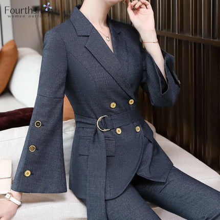 Double Breasted Women Suits Business Work Office Formal Pant Suits Female Elegant Blazer Sets Autumn Winter Clothes 2022 New
