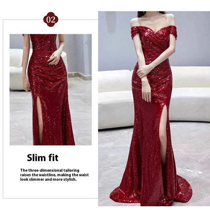 Fishtail Toast Dress Bride Wine Red Split Engagement Dress