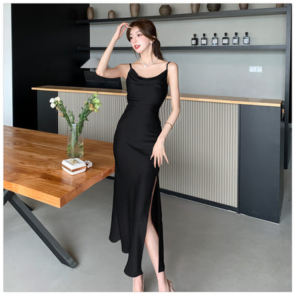 Gentle Graceful Satin Suspenders Dress Women