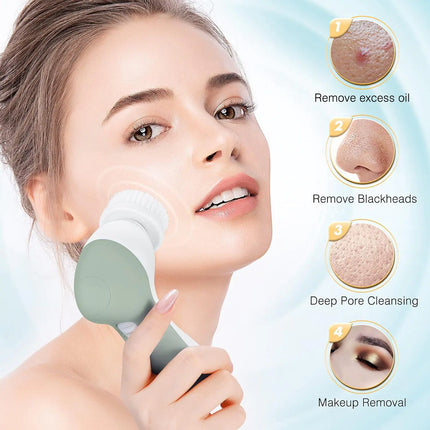 COSLUS Facial Cleansing Brush Silicone Face Scrubber: 7 in 1 FBS-D Electric Exfoliating Rotating Massage Device Waterproof Deep Cleaning Exfoliation Spa Machine - Electronic Skin Care Wash System With 7 brush heads Navy Green