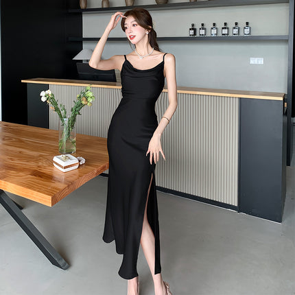 Gentle Graceful Satin Suspenders Dress Women