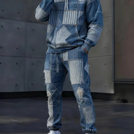 Mens Lettered Denim Hoodie With Fashionable 3D Print