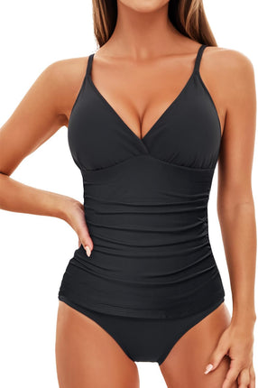 Tummy Control Two Piece Tankini Set Swimsuits for Women V Neck Tankini Top Bathing Suits with Swim Bottom