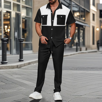 Color-block Short-sleeve Shirt And Pants Two-piece Set