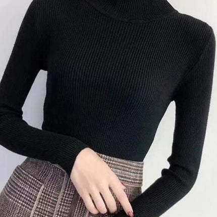 Autumn Winter Mock Neck Women Sweater Vintage Basic Solid Knitted Tops Casual Slim Pullover Korean Sweaters Simple Chic Jumpers