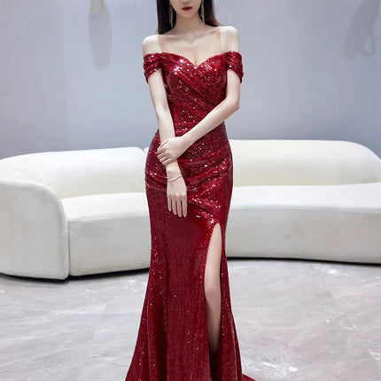 Fishtail Toast Dress Bride Wine Red Split Engagement Dress