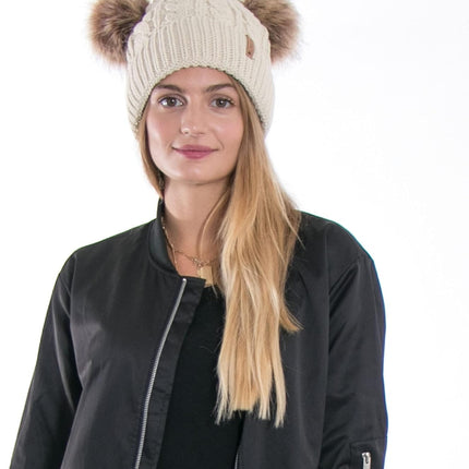 Pom Pom Beanie Cable Knit Fleece Lined Winter Beanie Women Hat