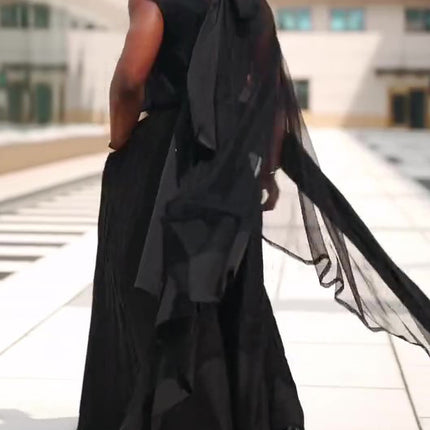 Black Mesh Irregular Hem Wide-leg Pants Suit
