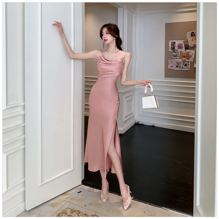 Gentle Graceful Satin Suspenders Dress Women