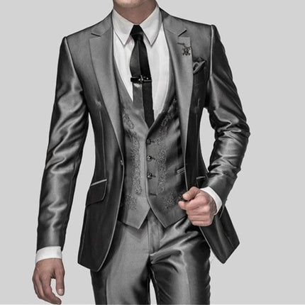 Shiny Grey Men Suits With Embroidery Groomsmen Groom Tuxedos Wedding Best Blazer Sets 3 Pieces (Jacket+Pants+Vest) Costume Homme