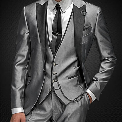 Shiny Grey Men Suits With Embroidery Groomsmen Groom Tuxedos Wedding Best Blazer Sets 3 Pieces (Jacket+Pants+Vest) Costume Homme