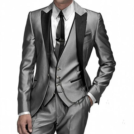Shiny Grey Men Suits With Embroidery Groomsmen Groom Tuxedos Wedding Best Blazer Sets 3 Pieces (Jacket+Pants+Vest) Costume Homme