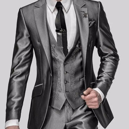 Shiny Grey Men Suits With Embroidery Groomsmen Groom Tuxedos Wedding Best Blazer Sets 3 Pieces (Jacket+Pants+Vest) Costume Homme