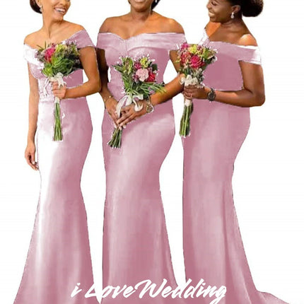 Women‘s Off Shoulder Bridesmaid Dresses Mermaid Sweetheart Evening Dresses Wedding Guest Dresses Corset Sweep Train Customized