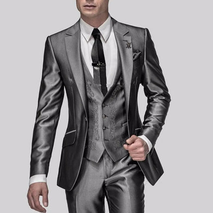 Shiny Grey Men Suits With Embroidery Groomsmen Groom Tuxedos Wedding Best Blazer Sets 3 Pieces (Jacket+Pants+Vest) Costume Homme