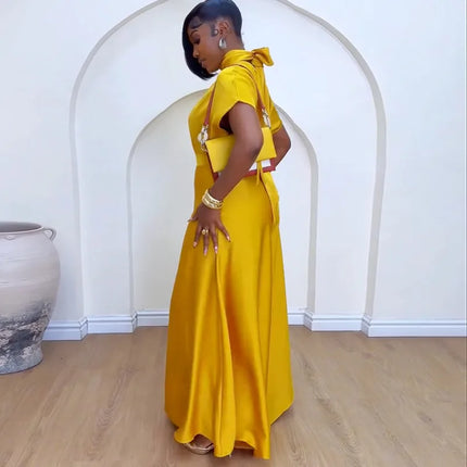 Yellow Satin Elegant Temperament Women's Loose High Neck Strap Flying Sleeve Top Leisurely Wide Leg Pants Vacation Two-piece Set