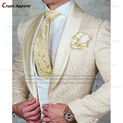 Luxury White Jacquard Suit Male Set Slim Fit Wedding Groom Dress Tuxedo Shawl Lapel Blazer Burgundy Velvet Vest Pants 3Pcs 2025