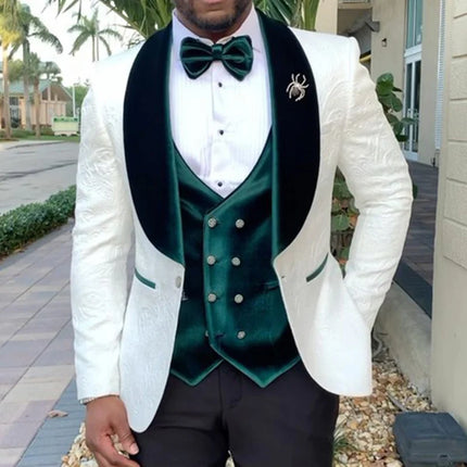 Luxury White Jacquard Suit Male Set Slim Fit Wedding Groom Dress Tuxedo Shawl Lapel Blazer Burgundy Velvet Vest Pants 3Pcs 2025