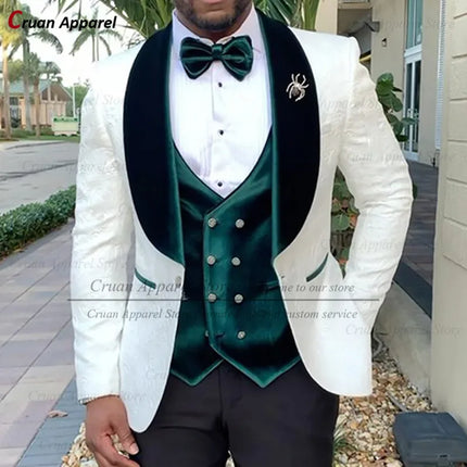 Luxury White Jacquard Suit Male Set Slim Fit Wedding Groom Dress Tuxedo Shawl Lapel Blazer Burgundy Velvet Vest Pants 3Pcs 2025