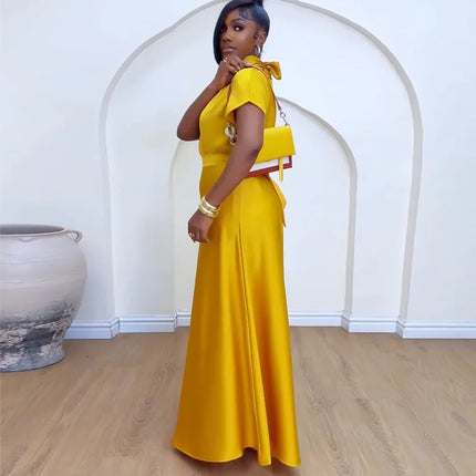 Yellow Satin Elegant Temperament Women's Loose High Neck Strap Flying Sleeve Top Leisurely Wide Leg Pants Vacation Two-piece Set