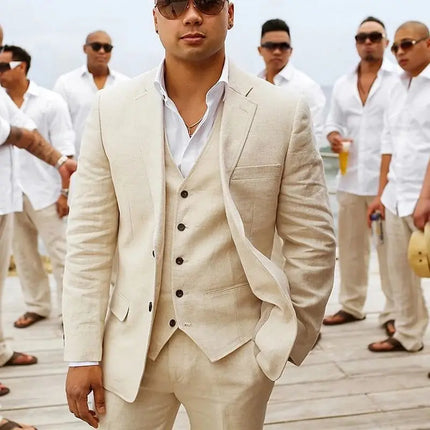 3 piece Linen Summer Men Suits for Wedding Groom Tuxedos 2026 Casual Beach Custom Man Suit Set Jacket Vest with Pants Man Fahion