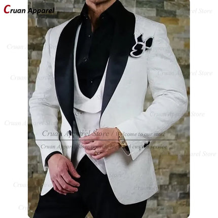 Luxury White Jacquard Suit Male Set Slim Fit Wedding Groom Dress Tuxedo Shawl Lapel Blazer Burgundy Velvet Vest Pants 3Pcs 2025